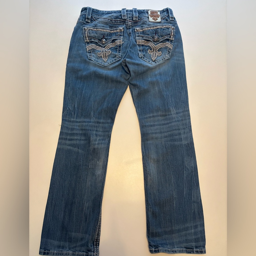 Rock revival red stitching straight leg Y2K faded jeans